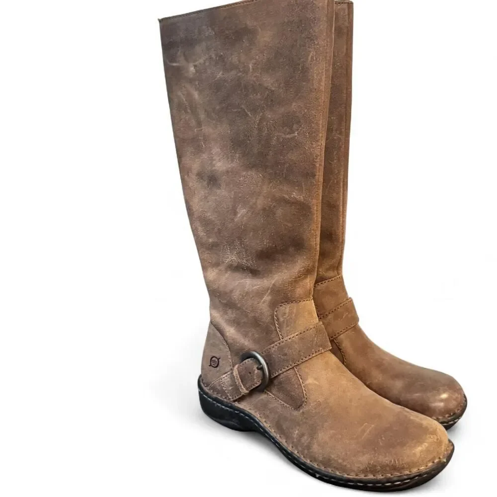 Born Knee High Boots Women’s 7 Brown Distressed Leather Buckle Tall Boots